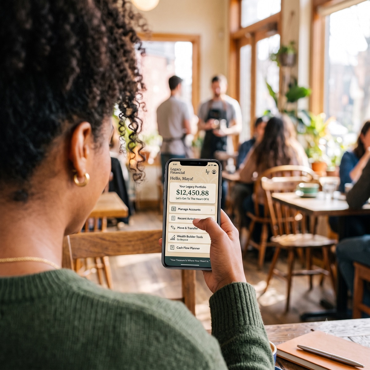 Woman viewing real-time portfolio performance in the Legacy App